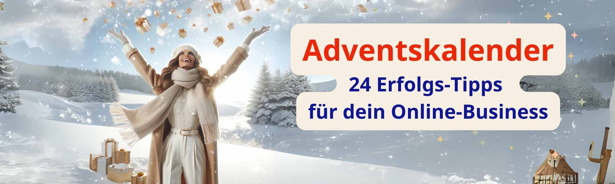 Frau im Schnee mit Geschenken , Adventskalender 2023