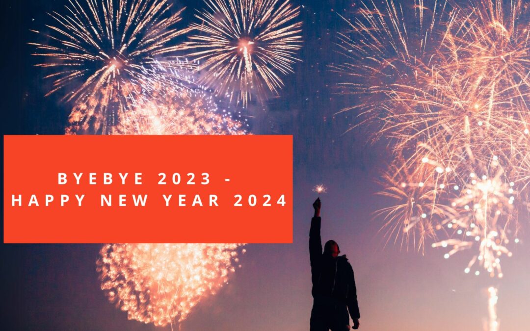 Bild mit Feuerwerk an Silvester 2023 und happy new Year 2024. so feiert die Welt ins neue Jahr hinein