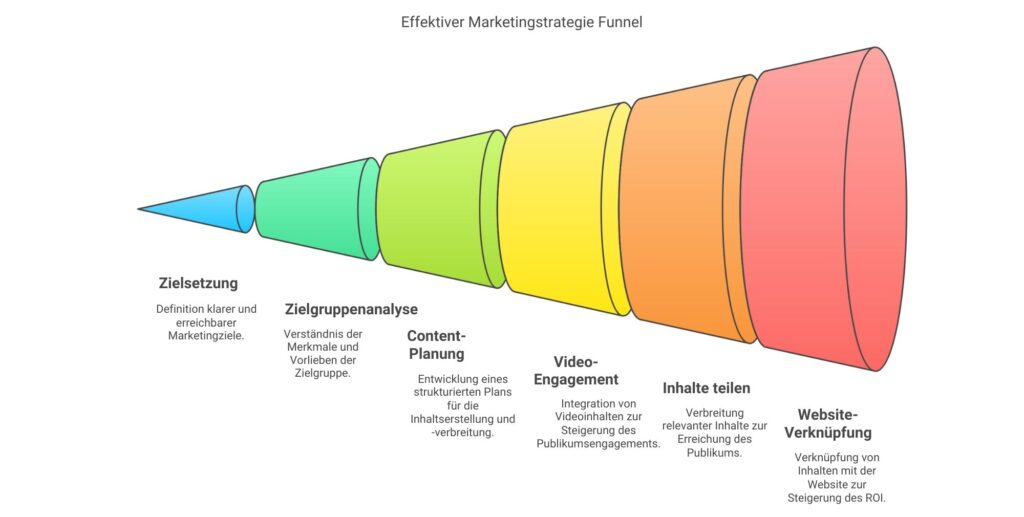 Effektiver Marketingstrategie Funnel durch Zielsetzung, Zielgruppenanalyse, Contentplanung, Video Engagement, Inhalte teilen und Website-Verknüfung
