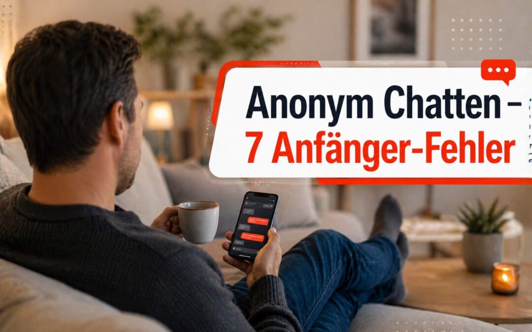 Ein Mann mittleren Alters auf der Couch, Tasse in der einen Hand, Smartphone in der anderen. Lächelnd, entspannt. Schrift auf dem Bild Anonym Chatten - die 7 Anfänger-Fehler beim online Geld verdienen