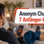 Ein Mann mittleren Alters auf der Couch, Tasse in der einen Hand, Smartphone in der anderen. Lächelnd, entspannt. Schrift auf dem Bild Anonym Chatten - die 7 Anfänger-Fehler beim online Geld verdienen