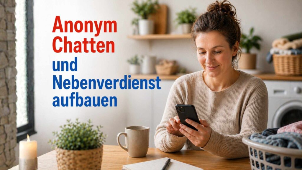 Frau am Küchentisch mit Smartphone, Kaffeetasse, Wäschekorb im Hintergrund