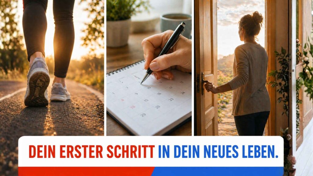 Dein erster Schritt in dein neues Leben mit Schuhe auf einem Weg, eine Hand, die einen Stift auf einem Kalender ansetzt, eine Person, die die Eingangstür eines neuen Lebensabschnitts öffnet.