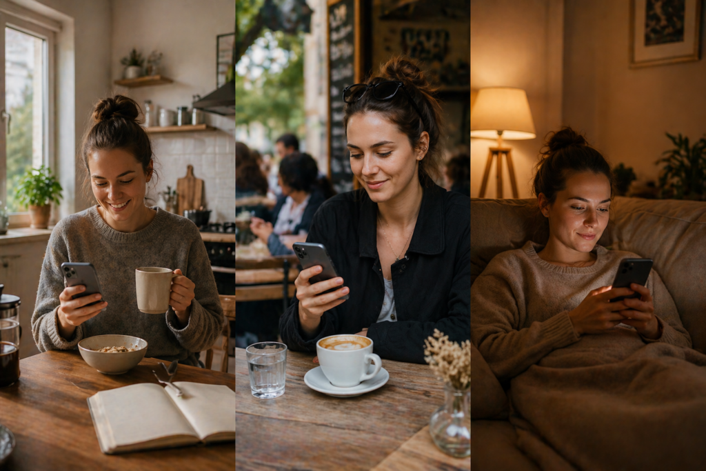 Junge Frau beim anonym chatten morgens am Küchentisch, nachmittags bei einer Tasse Kaffee und abends auf dem Sofa