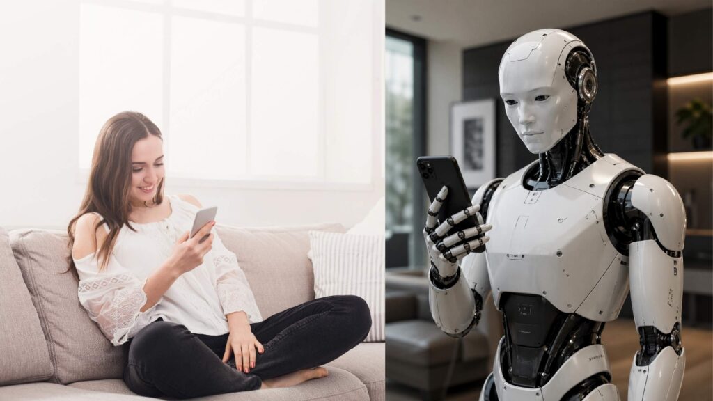 Links im Bild eine freundlich lachende Frau, die gerade anonym chattet und rechts ein schwarz-weisser humanoider Roboter mit einem schwarzen Smartphone in der Hand