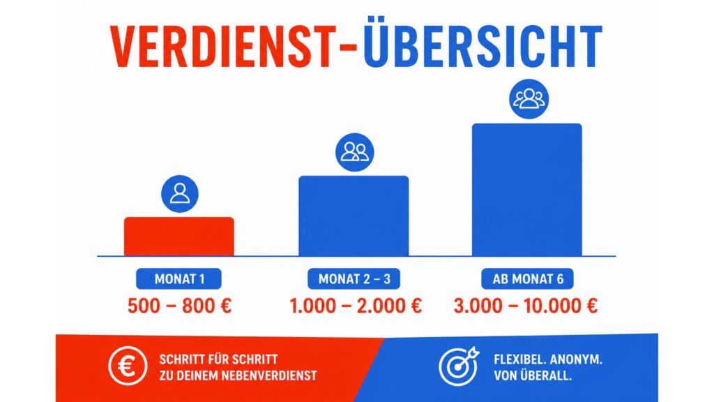Verdienst Übersicht in 3 Balken, Monat 1 500 - 800 Euro, Monat 2 1000 - 2000 Euro, Monat 3 3000 - 10 000 Euro