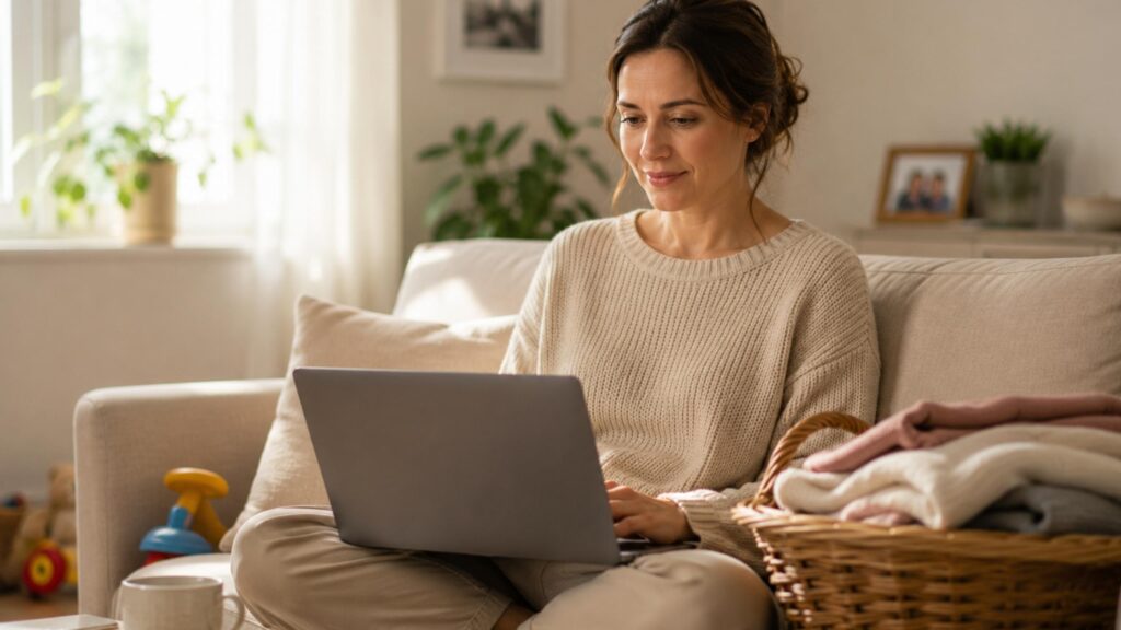 Mutter chattet konzentriert am Laptop zwischen Wäschekorb und Familienalltag — Anonym Chatten-Methode für Teilzeit