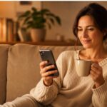 Frau chattet entspannt auf dem Sofa mit Smartphone und Teetasse — Anonym Chatten-Methode im Alltag