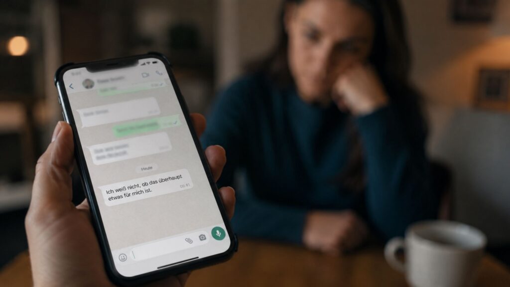 Kann KI Chatter ersetzen? Interessentin liest eine Nachricht und fragt sich, ob das Angebot zu ihr passt – genau an diesem Punkt beginnt die Arbeit eines Chatters.